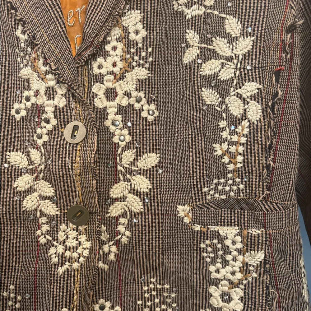NWOT Paparazzi by Biz Floral Embroidered Tweed Boho Jacket in Brown Plaid XL